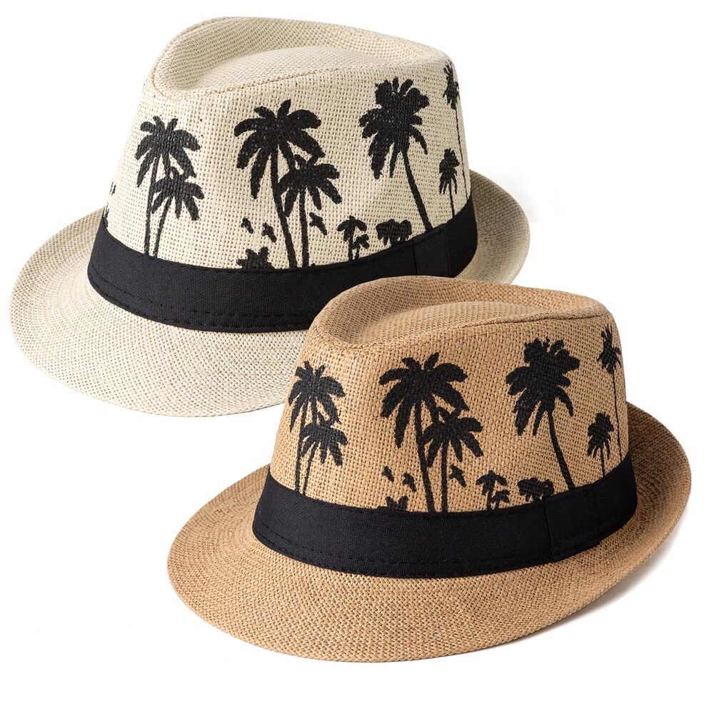 9747 2 Pack Short Brim Straw Fedora Summer Beach Sun Hat 2 Pcs Set J